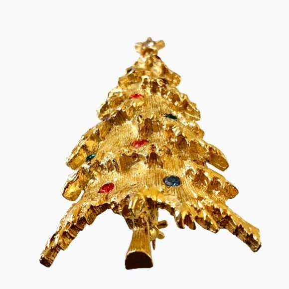 ART Arthur Pepper Vintage Christmas Tree Brooch Pin Gold Tone Rhinestones Signed - Picture 7 of 10
